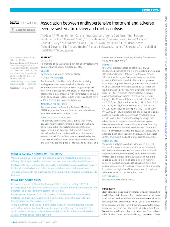 Association between antihypertensive treatment and adverse events: systematic review and meta-analysis Thumbnail