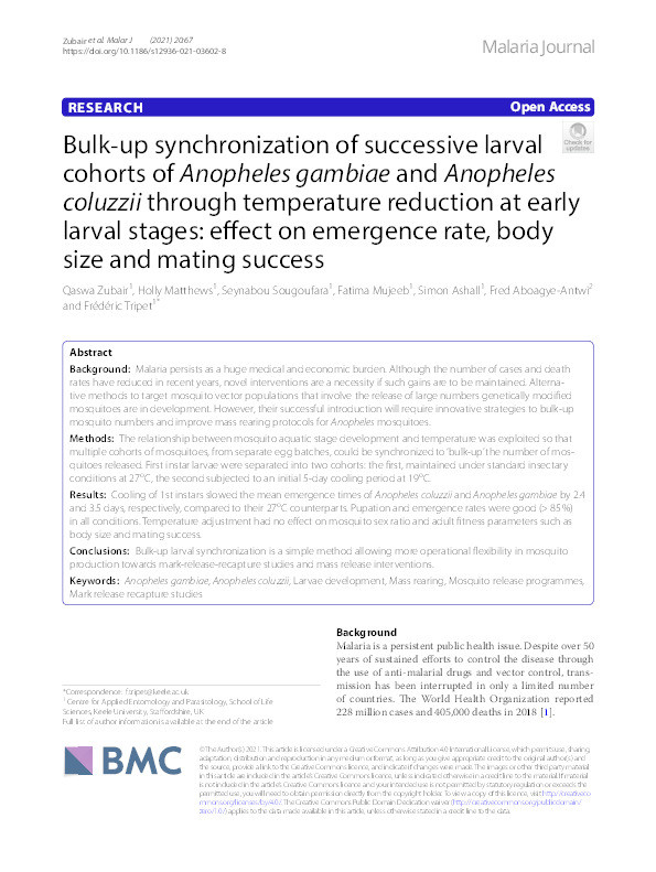 Bulk-up synchronization of successive larval cohorts of Anopheles gambiae and Anopheles coluzzii through temperature reduction at early larval stages: effect on emergence rate, body size and mating success. Thumbnail