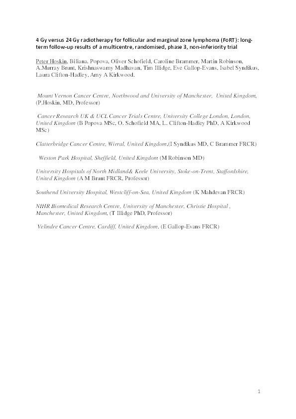 4 Gy versus 24 Gy radiotherapy for follicular and marginal zone lymphoma (FoRT): long-term follow-up of a multicentre, randomised, phase 3, non-inferiority trial Thumbnail