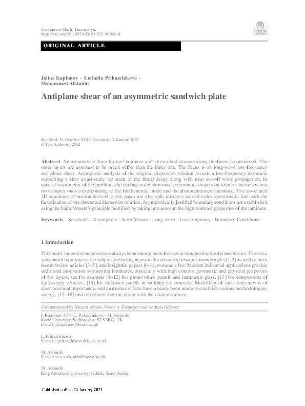 Antiplane shear of an asymmetric sandwich plate Thumbnail