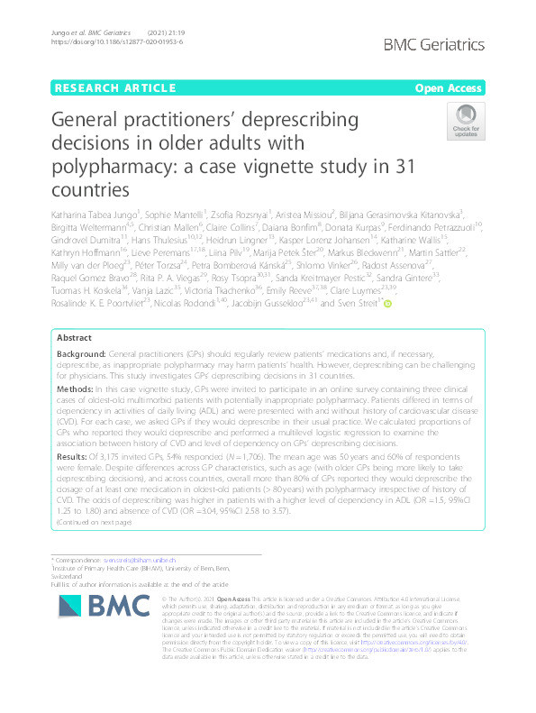 General practitioners' deprescribing decisions in older adults with polypharmacy: a case vignette study in 31 countries Thumbnail