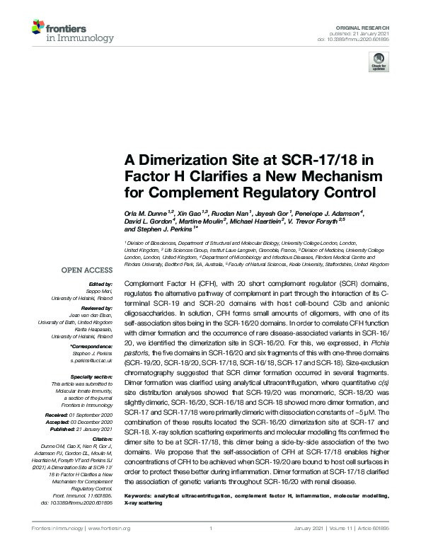 A Dimerization Site at SCR-17/18 in Factor H Clarifies a New Mechanism for Complement Regulatory Control Thumbnail
