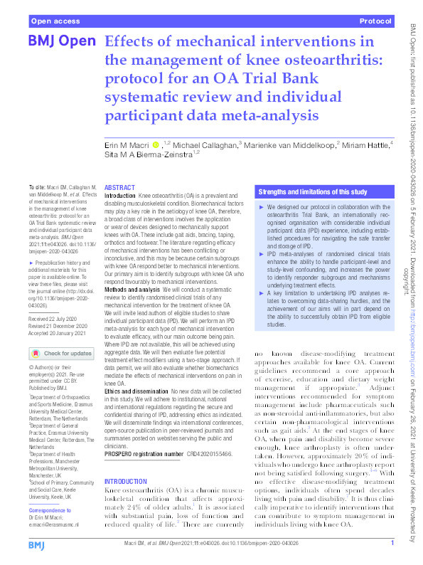 Effects of mechanical interventions in the management of knee osteoarthritis: protocol for an OA Trial Bank systematic review and individual participant data meta-analysis Thumbnail