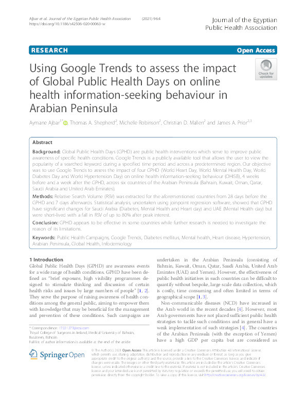 Using Google Trends to assess the impact of Global Public Health Days on online health information-seeking behaviour in Arabian Peninsula Thumbnail