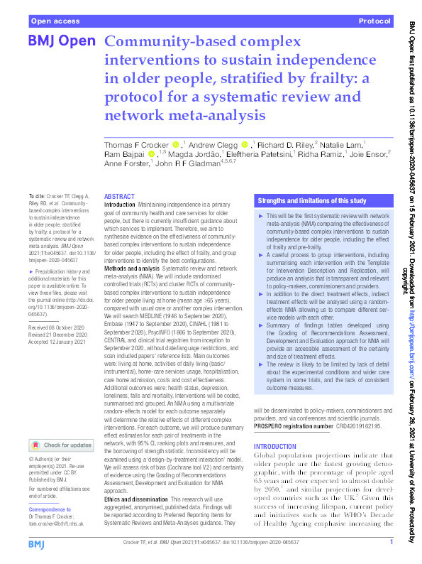 Community-based complex interventions to sustain independence in older people, stratified by frailty: a protocol for a systematic review and network meta-analysis Thumbnail