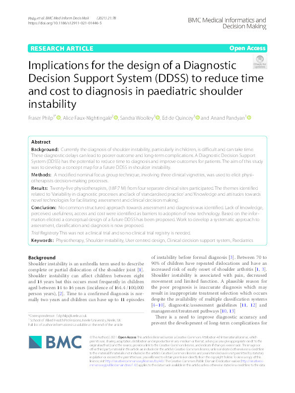 Implications for the design of a Diagnostic Decision Support System (DDSS) to reduce time and cost to diagnosis in paediatric shoulder instability Thumbnail