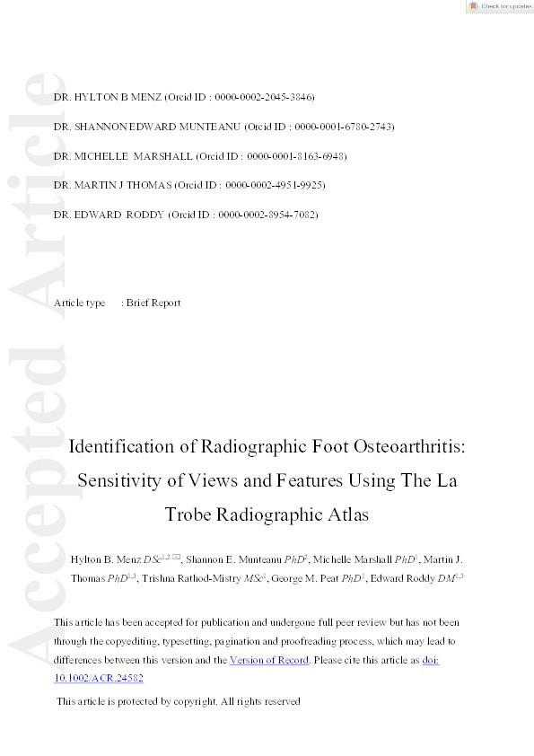 Identification of Radiographic Foot Osteoarthritis: Sensitivity of Views and Features Using the La Trobe Radiographic Atlas Thumbnail
