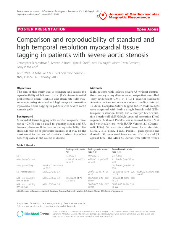 Comparison and reproducibility of standard and high temporal resolution myocardial tissue tagging in patients with severe aortic stenosis Thumbnail