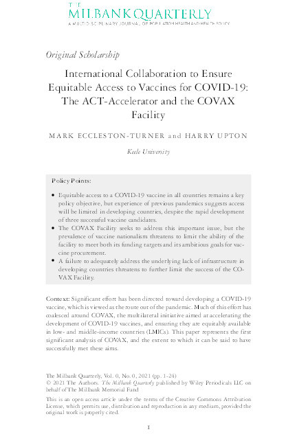 International Collaboration to Ensure Equitable Access to Vaccines for COVID-19: The ACT-Accelerator and the COVAX Facility Thumbnail