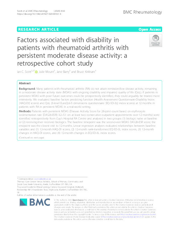 Factors associated with disability in patients with rheumatoid arthritis with persistent moderate disease activity: a retrospective cohort study Thumbnail