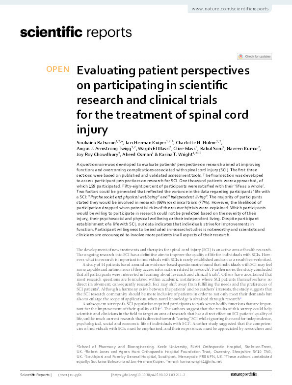 Evaluating patient perspectives on participating in scientific research and clinical trials for the treatment of spinal cord injury Thumbnail