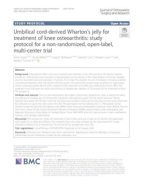 Umbilical cord-derived Wharton's jelly for treatment of knee osteoarthritis: study protocol for a non-randomized, open-label, multi-center trial Thumbnail