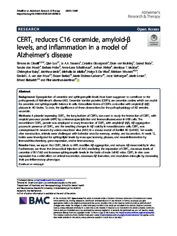 CERTL reduces C16 ceramide, amyloid-ß levels, and inflammation in a model of Alzheimer's disease Thumbnail