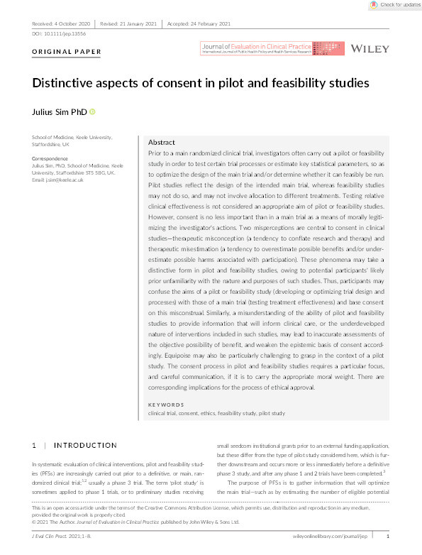 Distinctive aspects of consent in pilot and feasibility studies Thumbnail