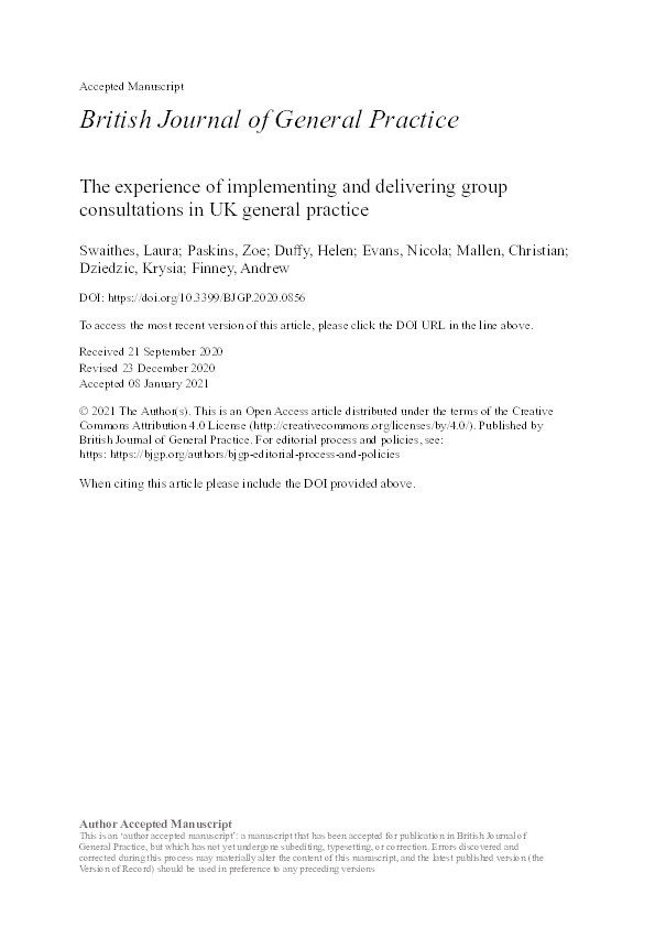 Experience of implementing and delivering group consultations in UK general practice: a qualitative study Thumbnail