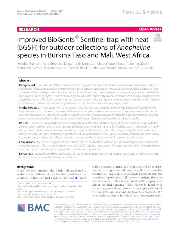 Improved BioGents® Sentinel trap with heat (BGSH) for outdoor collections of Anopheline species in Burkina Faso and Mali, West Africa Thumbnail