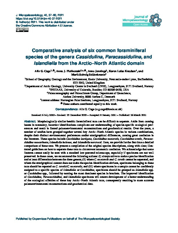 Comparative analysis of six common foraminiferal species of the genera Cassidulina, Paracassidulina, and Islandiella from the Arctic–North Atlantic domain Thumbnail