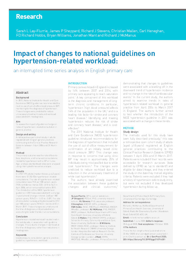 Impact of changes to national guidelines on hypertension-related workload: an interrupted time series analysis in English primary care. Thumbnail
