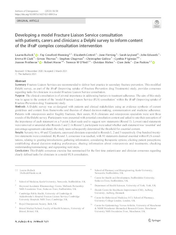 Developing a model Fracture Liaison Service consultation with patients, carers and clinicians: a Delphi survey to inform content of the iFraP complex consultation intervention. Thumbnail