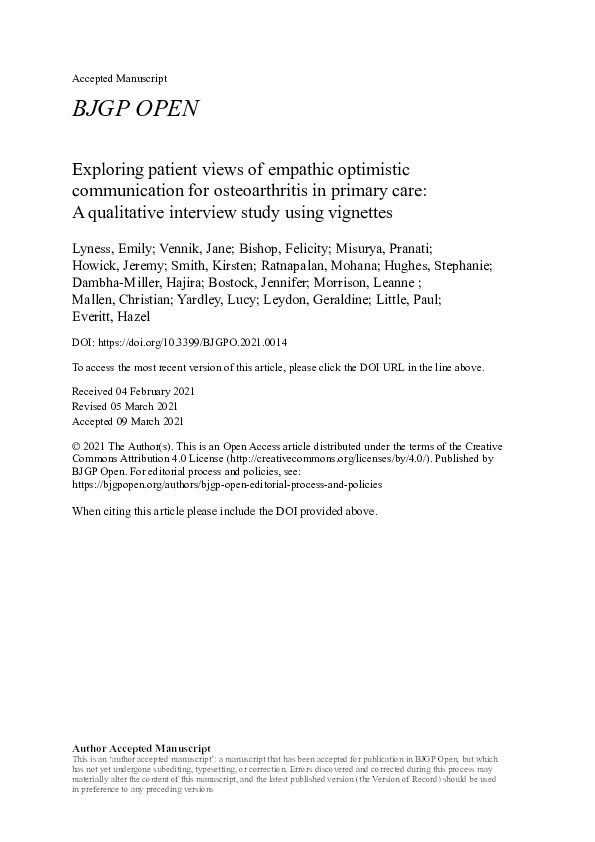 Exploring patient views of empathic optimistic communication for osteoarthritis in primary care: A qualitative interview study using vignettes Thumbnail