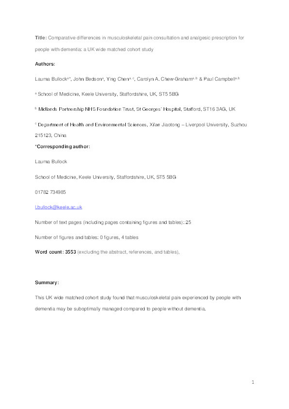 Comparative differences in musculoskeletal pain consultation and analgesic prescription for people with dementia: a UK-wide matched cohort study Thumbnail