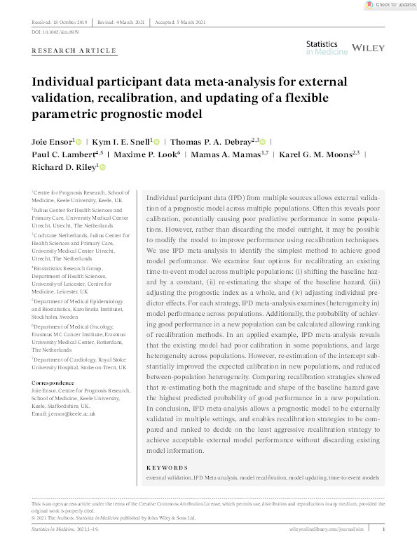Individual participant data meta-analysis for external validation, recalibration, and updating of a flexible parametric prognostic model. Thumbnail