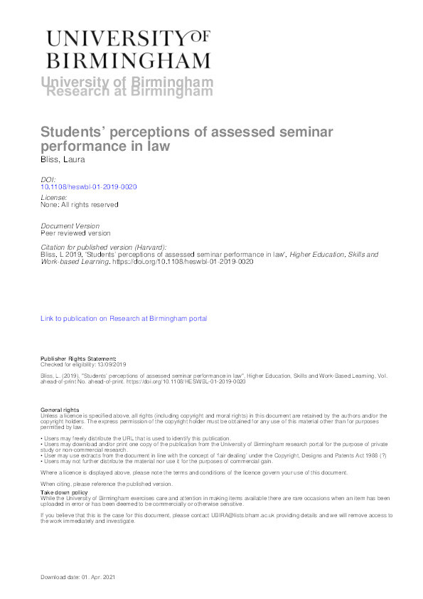 Students’ perceptions of assessed seminar performance in law Thumbnail