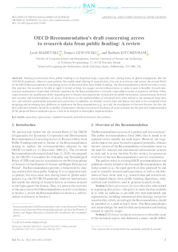 OECD Recommendation's draft concerning access to research data from public funding: A review Thumbnail
