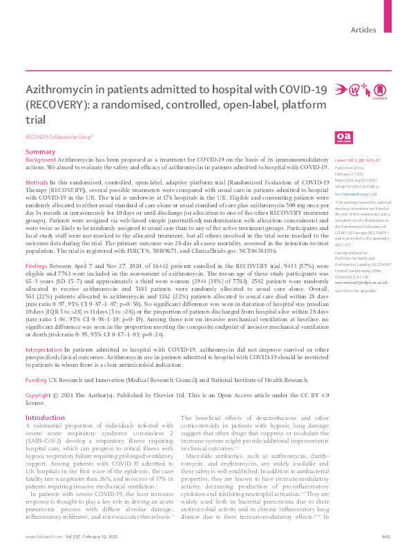 Azithromycin in patients admitted to hospital with COVID-19 (RECOVERY): a randomised, controlled, open-label, platform trial. Thumbnail