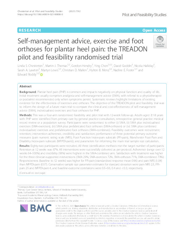 Self-management advice, exercise and foot orthoses for plantar heel pain: the TREADON pilot and feasibility randomised trial Thumbnail