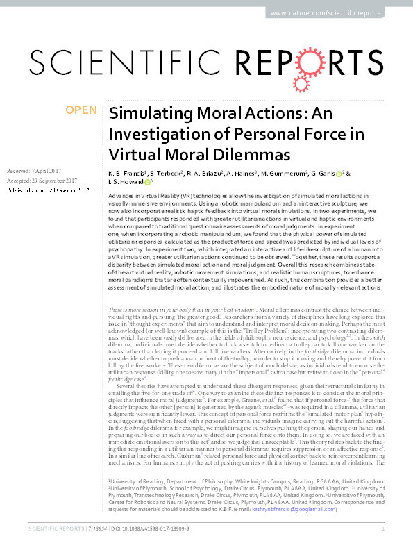 Simulating Moral Actions: An Investigation of Personal Force in Virtual Moral Dilemmas Thumbnail