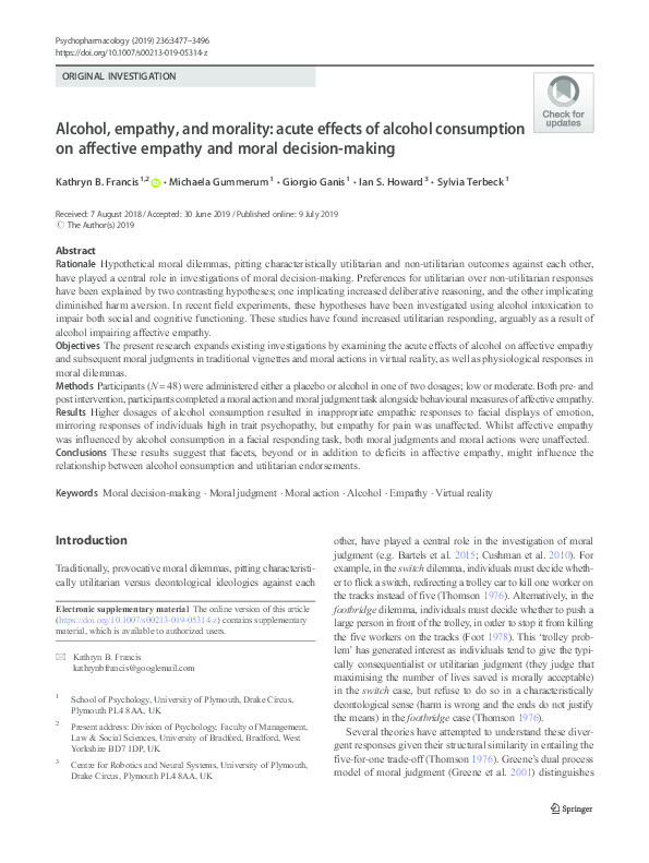 Alcohol, empathy, and morality: acute effects of alcohol consumption on affective empathy and moral decision-making Thumbnail