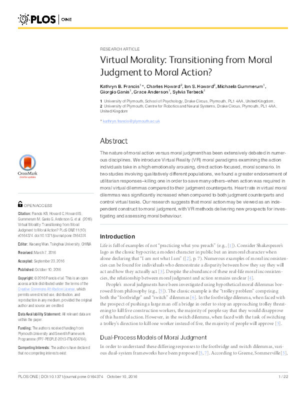 Virtual Morality: Transitioning from Moral Judgment to Moral Action? Thumbnail