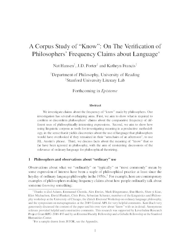 A Corpus Study of “Know”: On The Verification of Philosophers’ Frequency Claims about Language Thumbnail