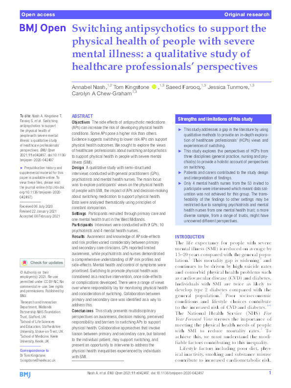 Switching antipsychotics to support the physical health of people with severe mental illness: A qualitative study of healthcare professionals' perspectives Thumbnail