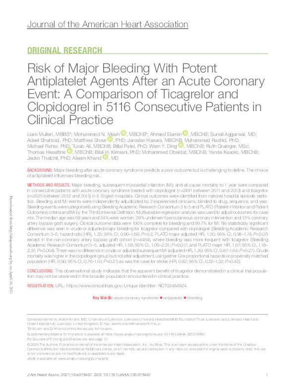 Risk of Major Bleeding With Potent Antiplatelet Agents After an Acute Coronary Event: A Comparison of Ticagrelor and Clopidogrel in 5116 Consecutive Patients in Clinical Practice Thumbnail