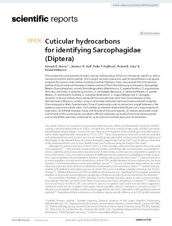 Cuticular hydrocarbons for identifying Sarcophagidae (Diptera). Thumbnail