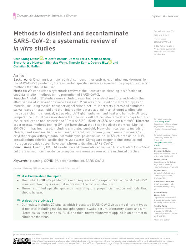 Methods to disinfect and decontaminate SARS-CoV-2: a systematic review of in vitro studies Thumbnail