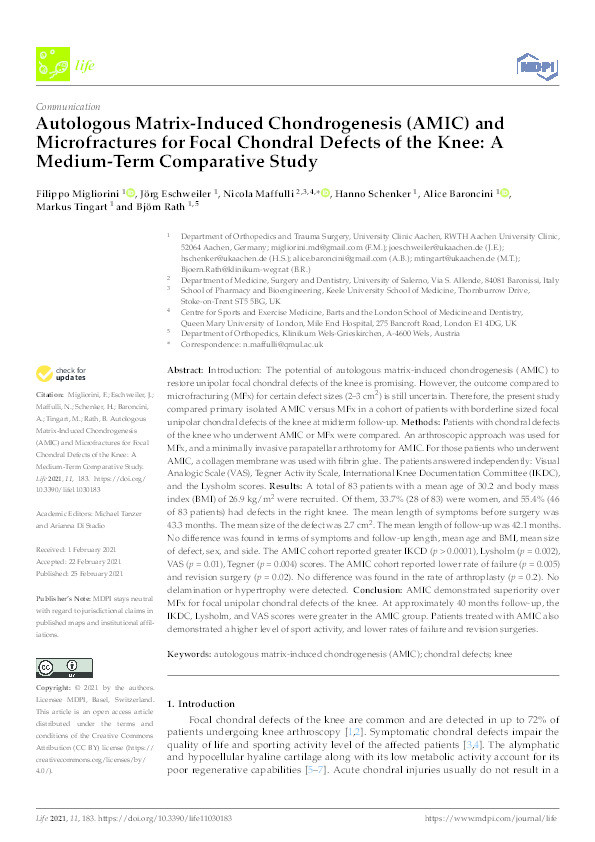 Autologous Matrix-Induced Chondrogenesis (AMIC) and Microfractures for Focal Chondral Defects of the Knee: A Medium-Term Comparative Study Thumbnail