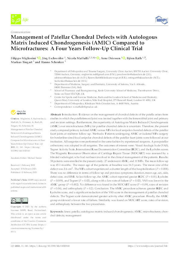 Management of Patellar Chondral Defects with Autologous Matrix Induced Chondrogenesis (AMIC) Compared to Microfractures: A Four Years Follow-Up Clinical Trial. Thumbnail