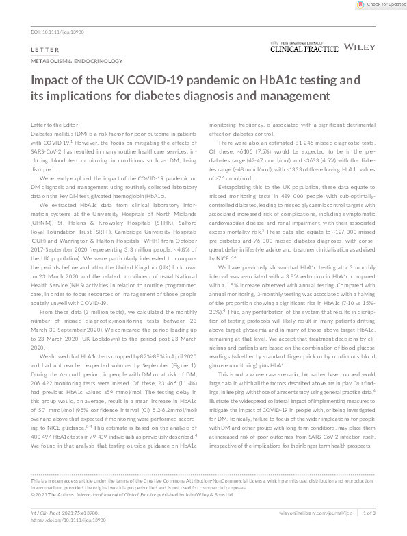 Impact of the UK COVID-19 pandemic on HbA1c testing and its implications for diabetes diagnosis and management. Thumbnail