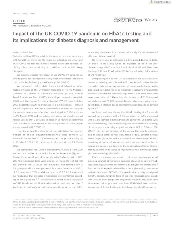Impact of the UK COVID-19 pandemic on HbA1c testing and its implications for diabetes diagnosis and management. Thumbnail