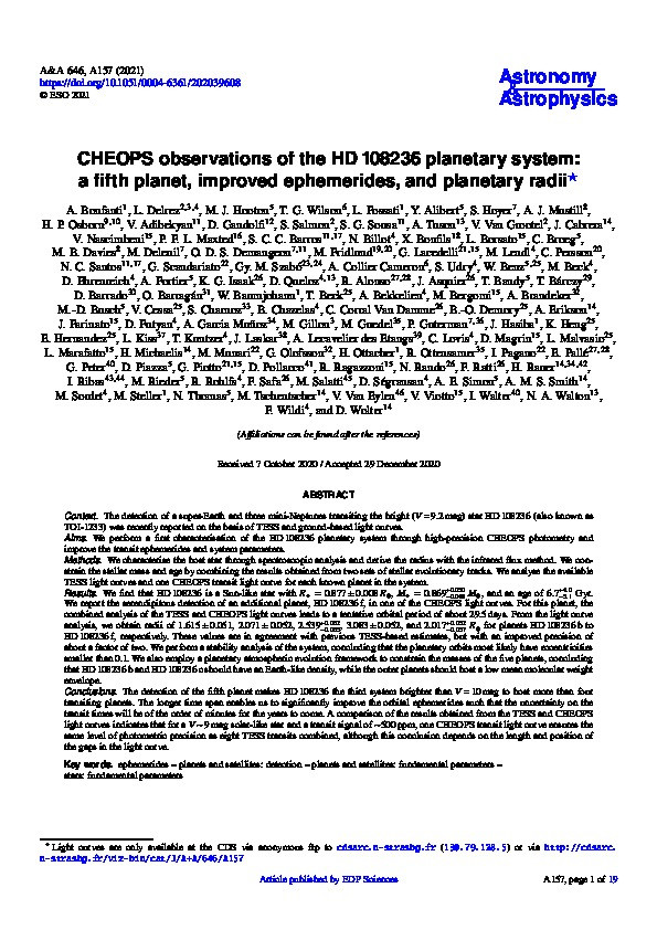 CHEOPS observations of the HD 108236 planetary system: a fifth planet, improved ephemerides, and planetary radii Thumbnail