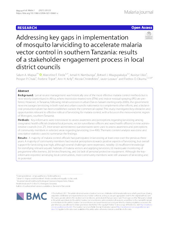 Addressing key gaps in implementation of mosquito larviciding to accelerate malaria vector control in southern Tanzania: results of a stakeholder engagement process in local district councils Thumbnail