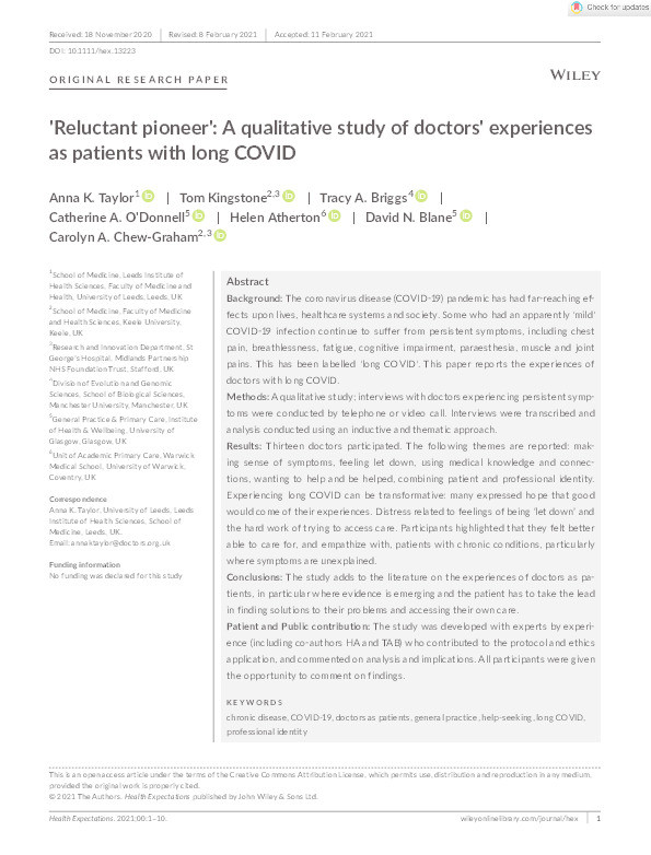 'Reluctant pioneer': A qualitative study of doctors' experiences as patients with long COVID Thumbnail