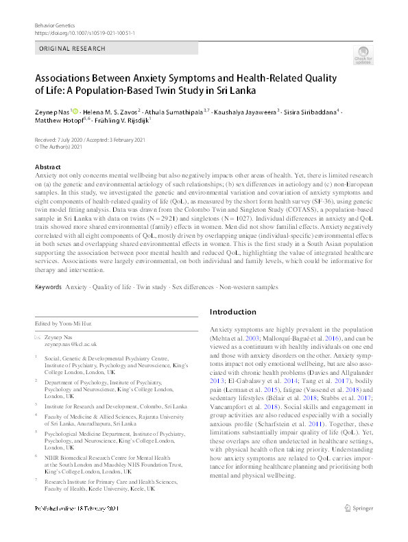 Associations Between Anxiety Symptoms and Health-Related Quality of Life: A Population-Based Twin Study in Sri Lanka. Thumbnail