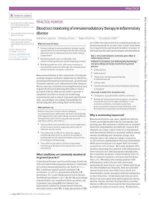 Blood test monitoring of immunomodulatory therapy in inflammatory disease Thumbnail