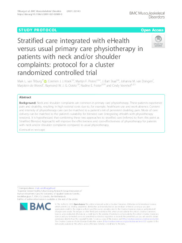 Stratified care integrated with eHealth versus usual primary care physiotherapy in patients with neck and/or shoulder complaints: protocol for a cluster randomized controlled trial. Thumbnail