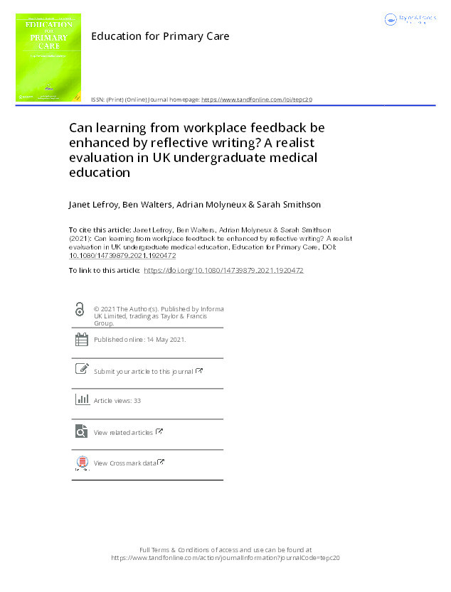 Can learning from workplace feedback be enhanced by reflective writing? A realist evaluation in UK undergraduate medical education Thumbnail