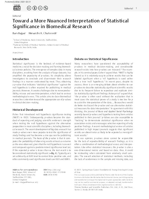 Toward a More Nuanced Interpretation of Statistical Significance in Biomedical Research Thumbnail